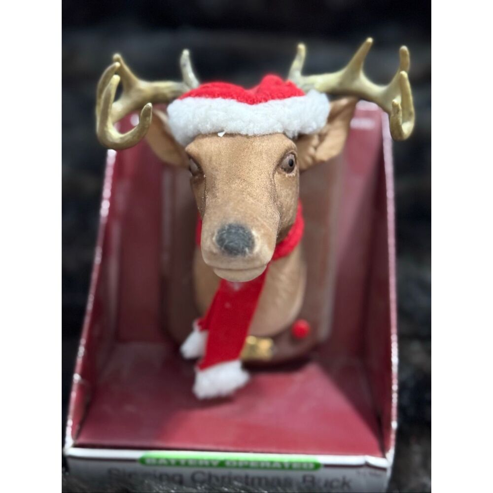 Gemmy Buck Reindeer Mounted‎ Animated Singing Christmas Songs Santa Hat 6" New